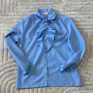 Vintage Elegant Blue Ruffle Blouse With Detachable Ruffle.